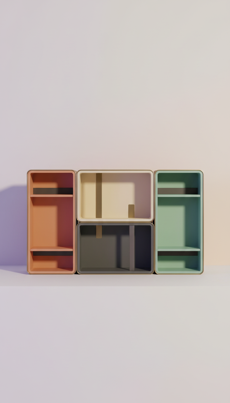Modular shelf trio with natural wood accents